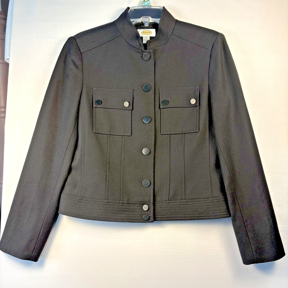 Talbots Womens Black Military Style Blazer Stand Collar Button Front Jacket 6